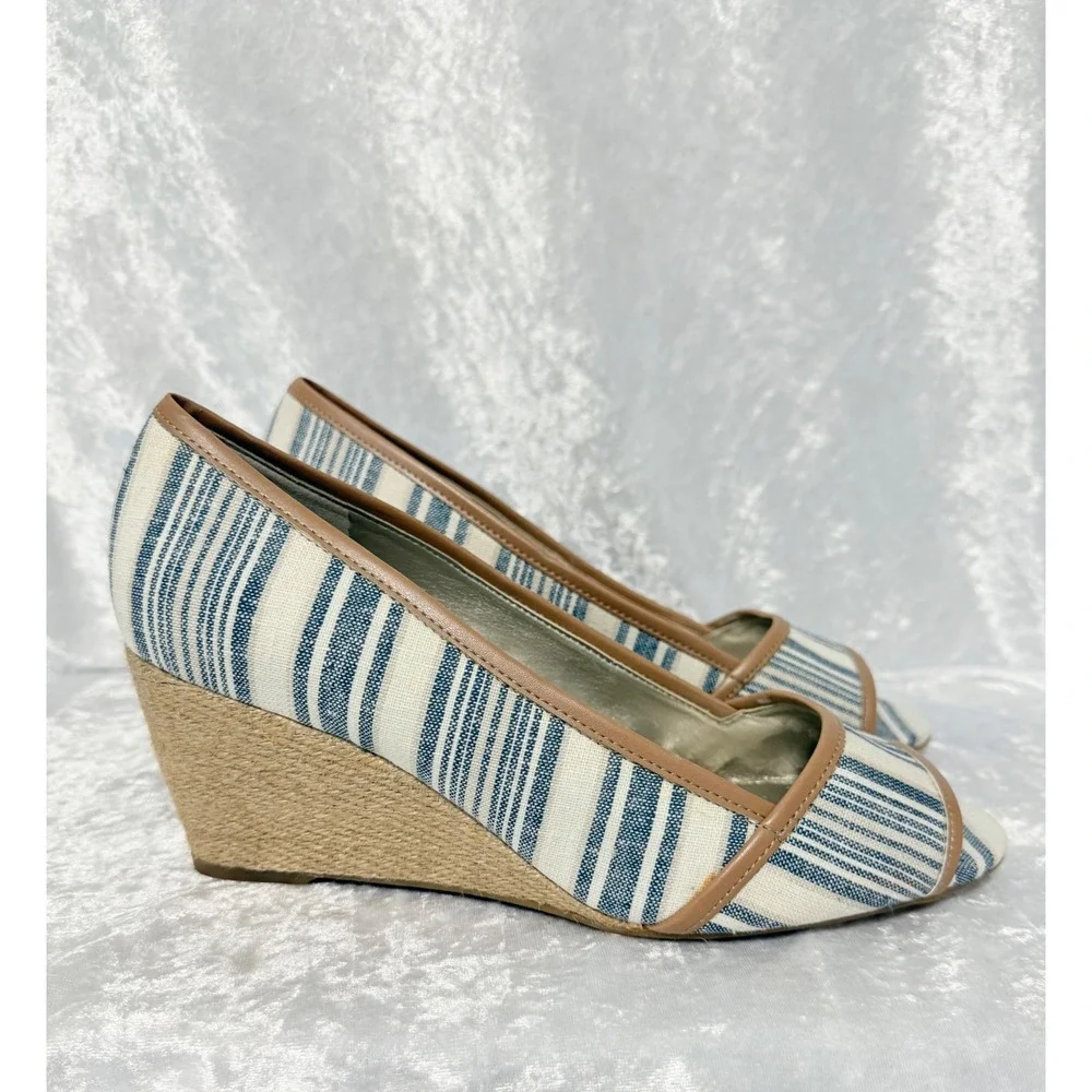 Easy‎ Spirit Brigette Size-8W Blue White Striped Espadrille Wedge Peep Toe Shoes